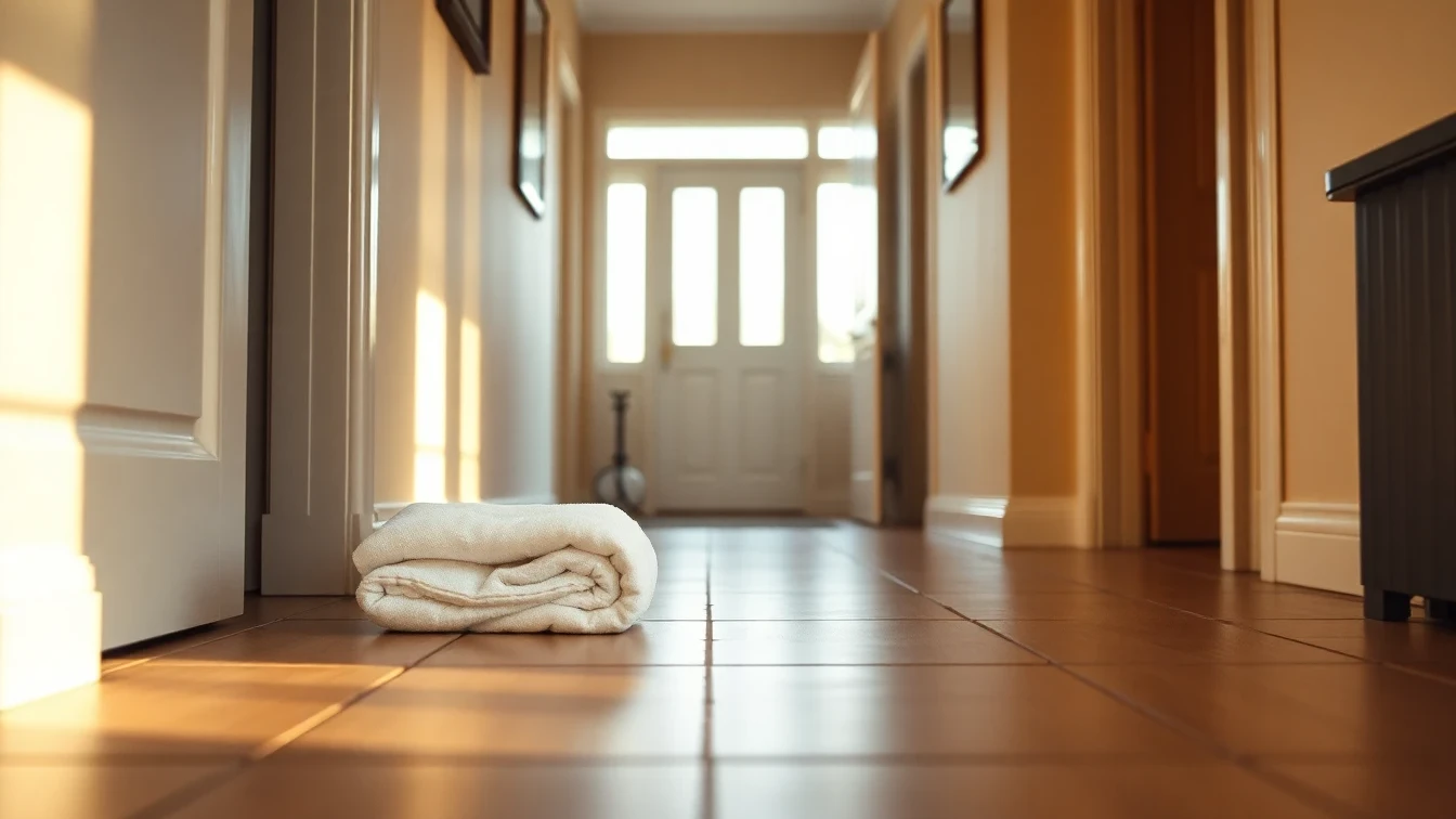 Towels rolled against a door threshold during a drain flooding emergency